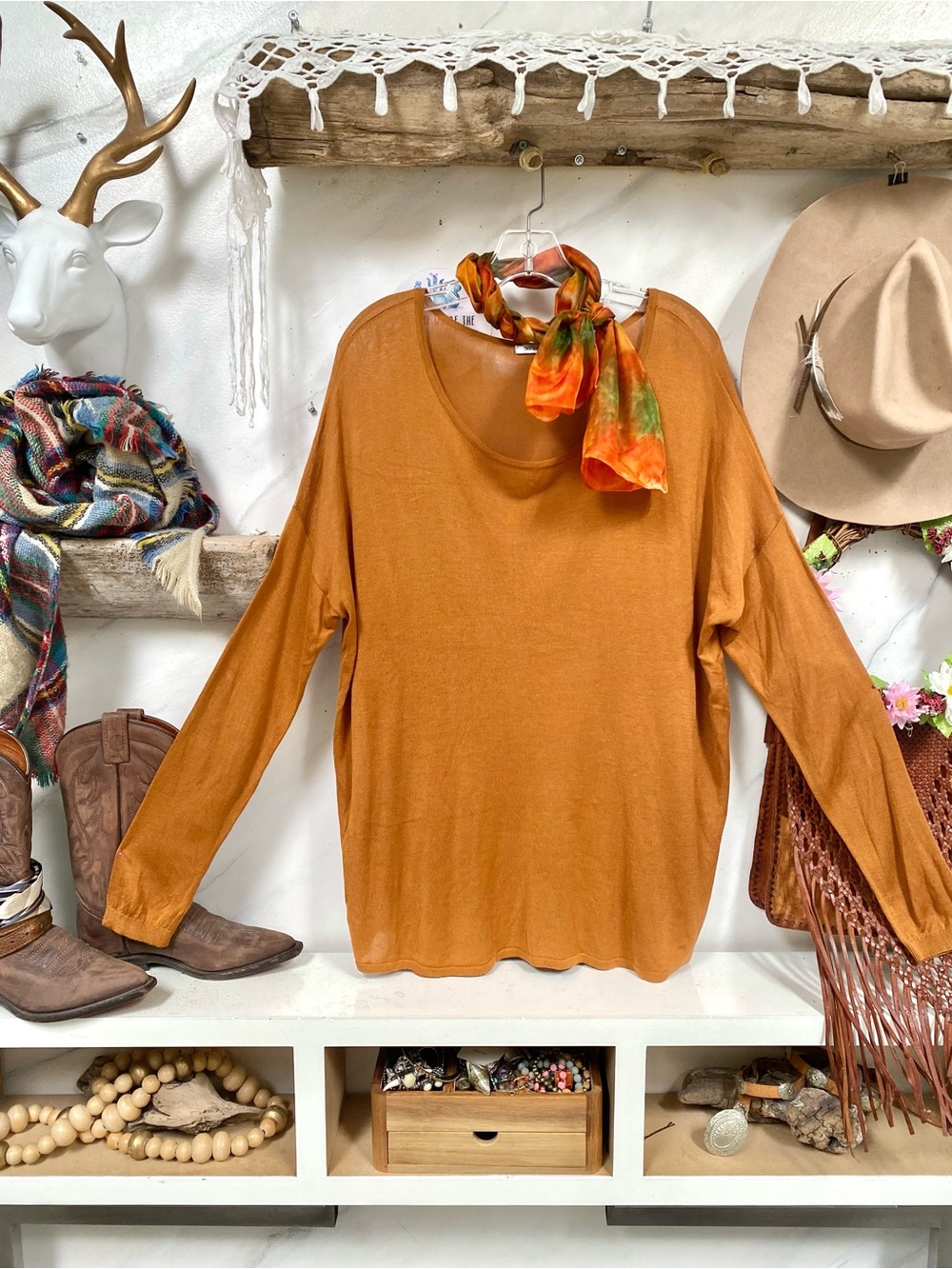 Rustic Copper summer knit boho sweater w shabby chic cottagecore prairie vibe
